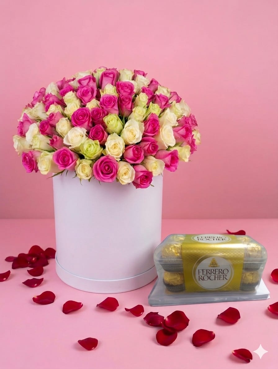 120 Roses Luxury Box — 60 Pink & 60 White Roses with Ferrero Rocher
