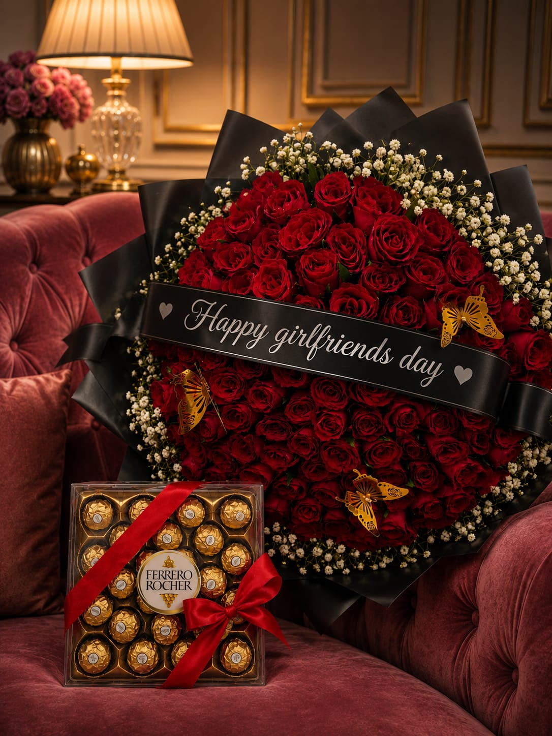 Large red roses bouquet with golden butterflies and Happy Girlfriend's Day sash paired with large Ferrero Rocher box with red ribbon on velvet sofa