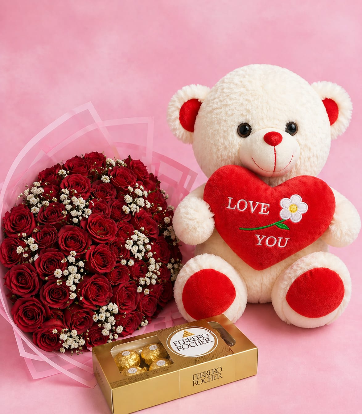 Red Roses, Love You Teddy Bear & Ferrero Rocher Ultimate Romance Gift Set