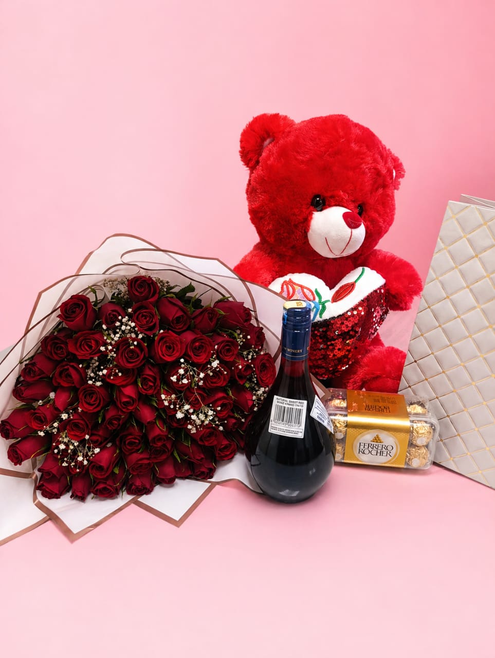 Red Roses, Teddy Bear, Wine & Ferrero Rocher Ultimate Love Gift Set