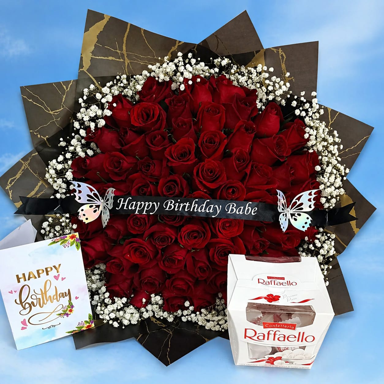 Happy Birthday Babe Red Roses & Raffaello Gift Set with Personalised Ribbon