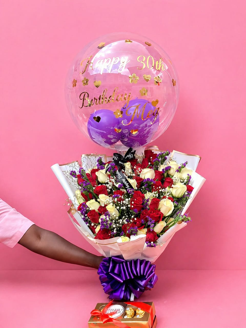 Happy 30th Birthday Personalised Balloon, Mixed Roses Bouquet & Ferrero Rocher Gift Set