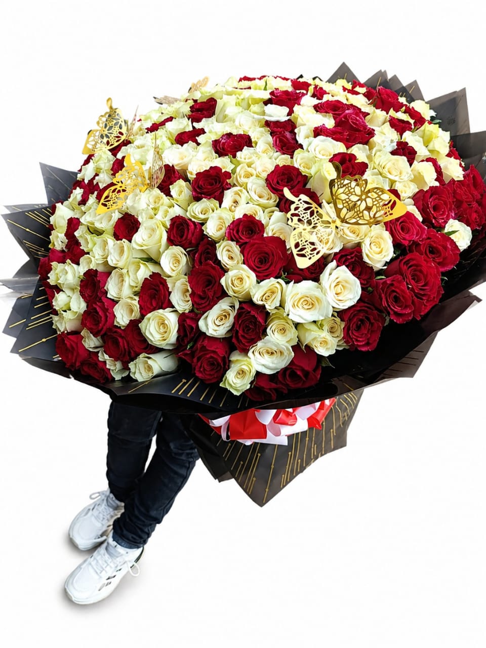 200-Stem Red & White Roses Grand Bouquet with Gold Butterflies