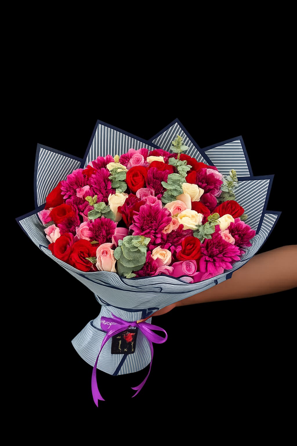 Vibrant Bliss Mixed Roses & Dahlia Luxury Bouquet in Striped Wrap