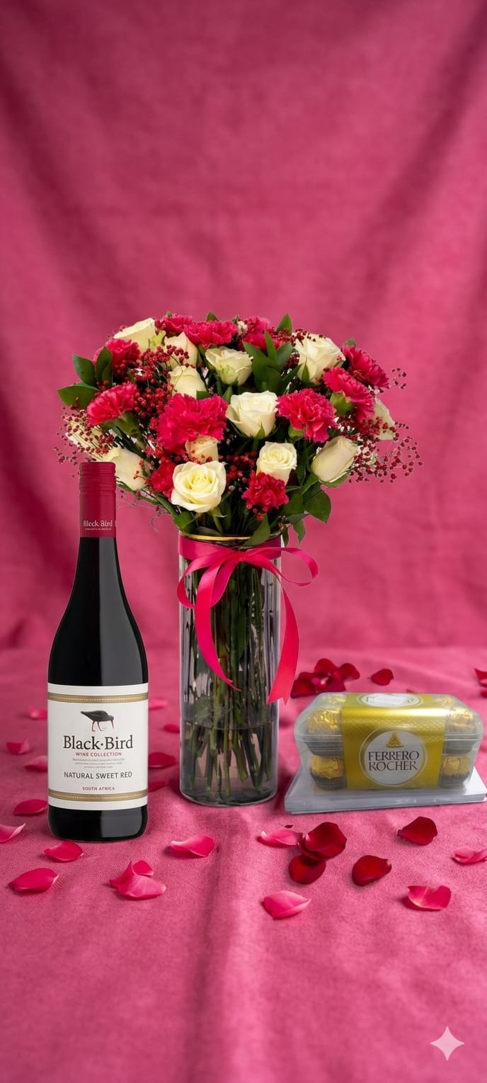 Vase Flowers, Black Bird Red Wine & Ferrero Rocher Luxury Gift