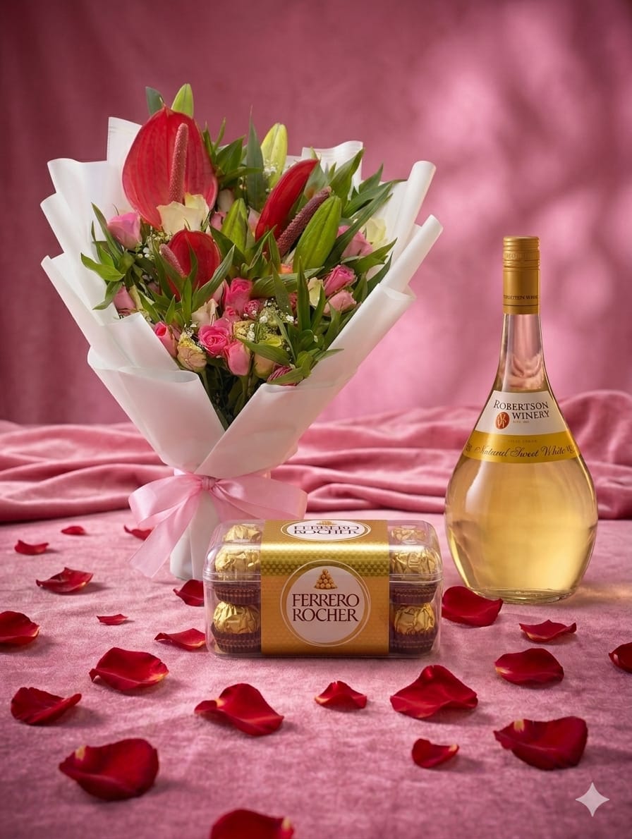 Flowers, Ferrero Rocher & Wine Luxury Gift Bundle