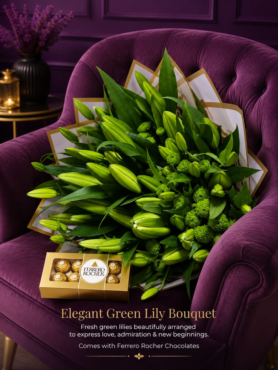 Elegant green oriental lily bouquet with green chrysanthemums in white and gold wrap with Ferrero Rocher chocolates on purple velvet armchair