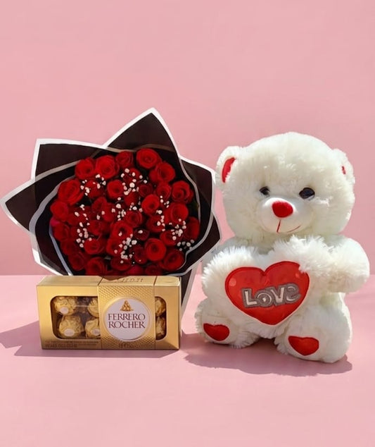 Red Roses, Love Teddy Bear & Ferrero Rocher Gift Set