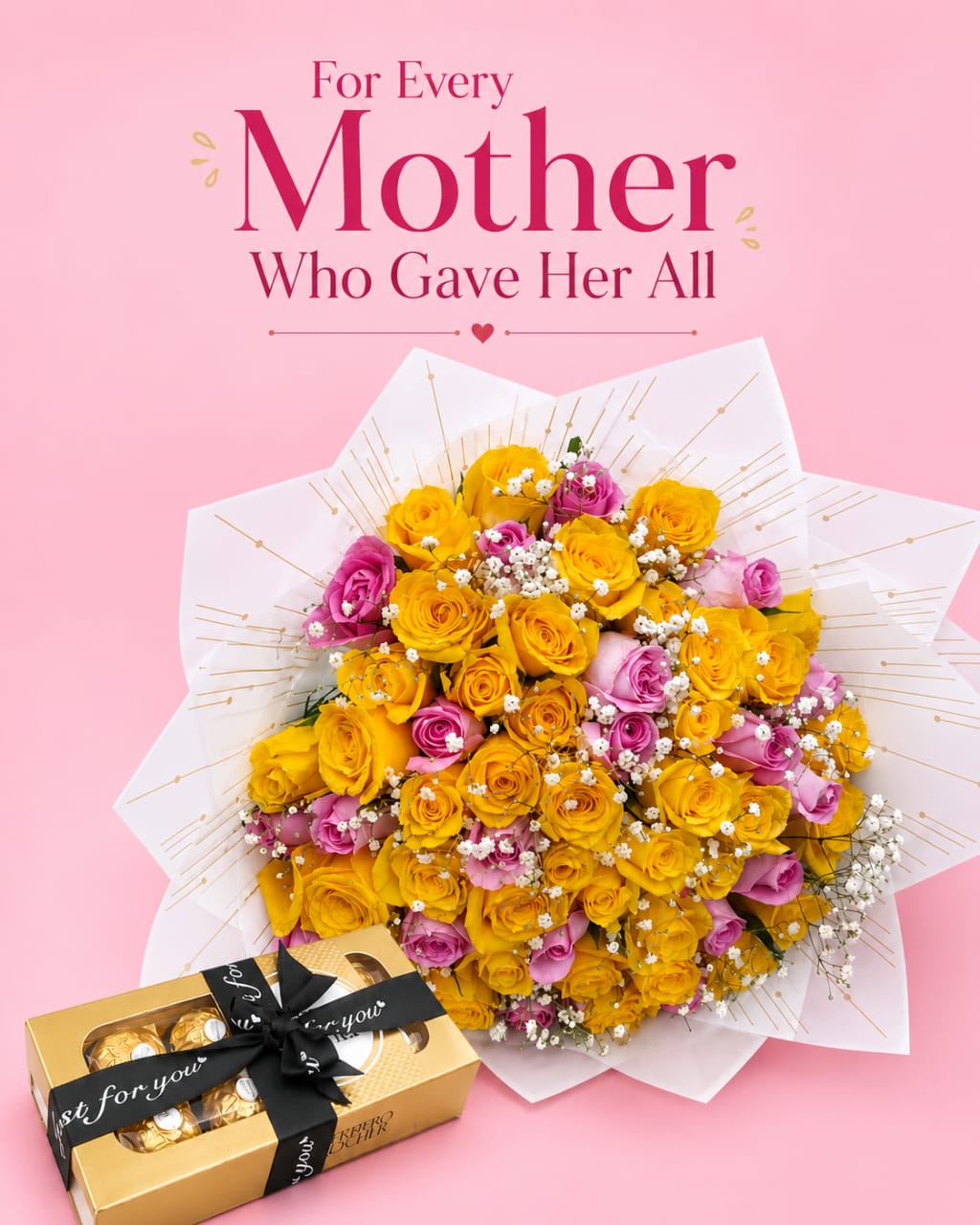 For Every Mother Who Gave Her All — Yellow & Pink Roses with Ferrero Rocher Gift Set