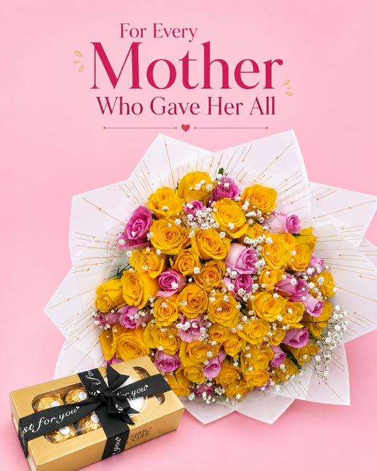 For Every Mother Who Gave Her All — Yellow & Pink Roses with Ferrero Rocher Gift Set