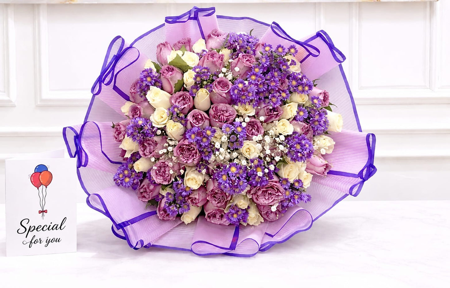 Purple Dream Birthday Bouquet with Mixed Roses & Statice