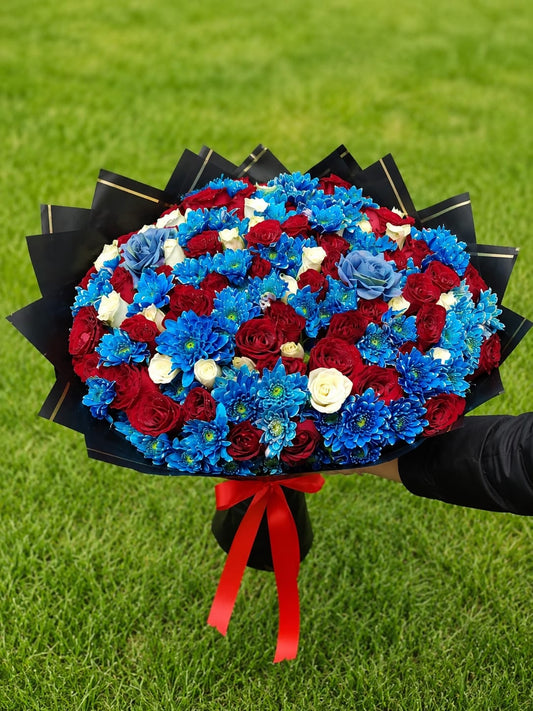Luxury Mixed Bouquet — Red Roses, Blue Chrysanthemums & White Roses