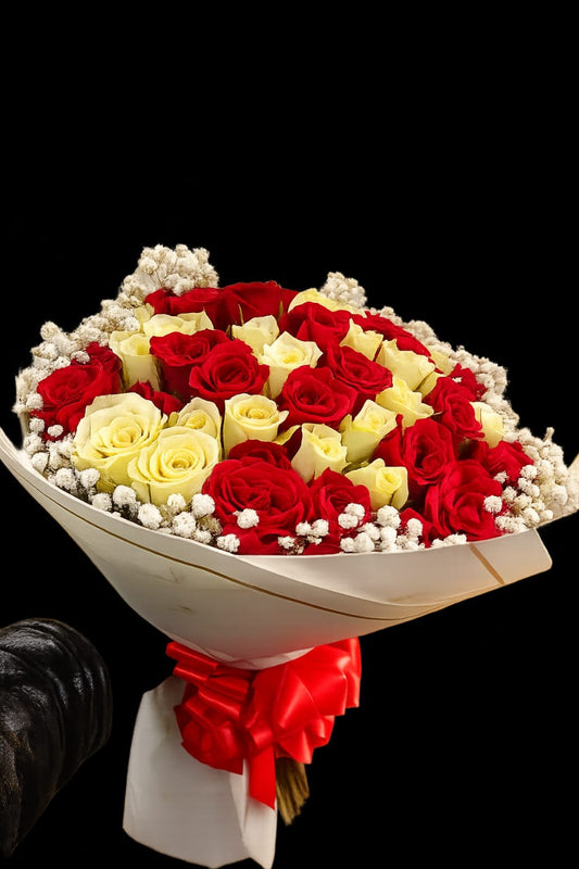 Red & White Roses Bouquet with Baby's Breath & Red Satin Ribbon