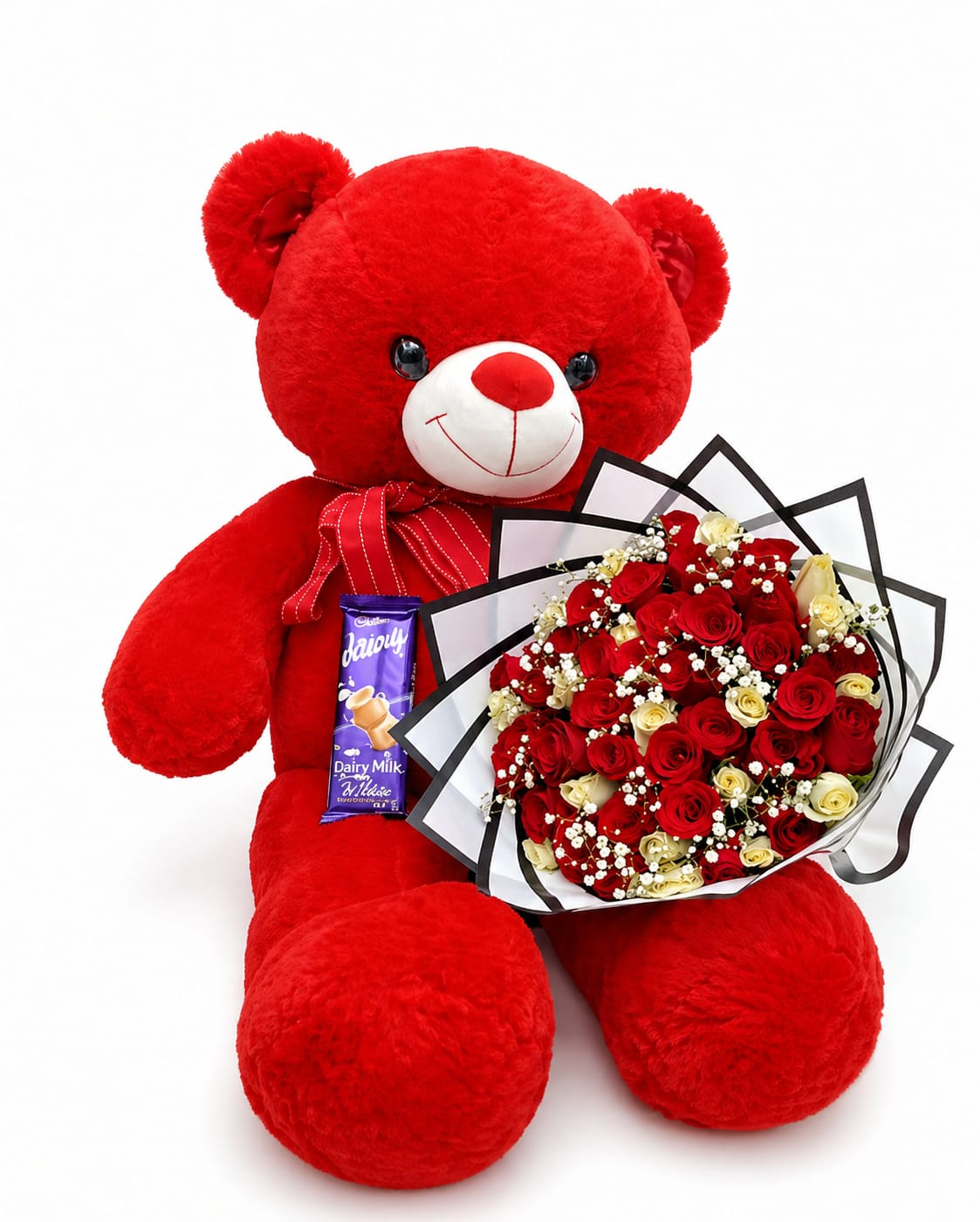 Giant 60cm Red Teddy Bear, Red & White Roses Bouquet & Dairy Milk Gift Set