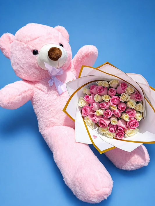 Giant Pink Teddy Bear & Pink-White Roses Bouquet Luxury Gift Set