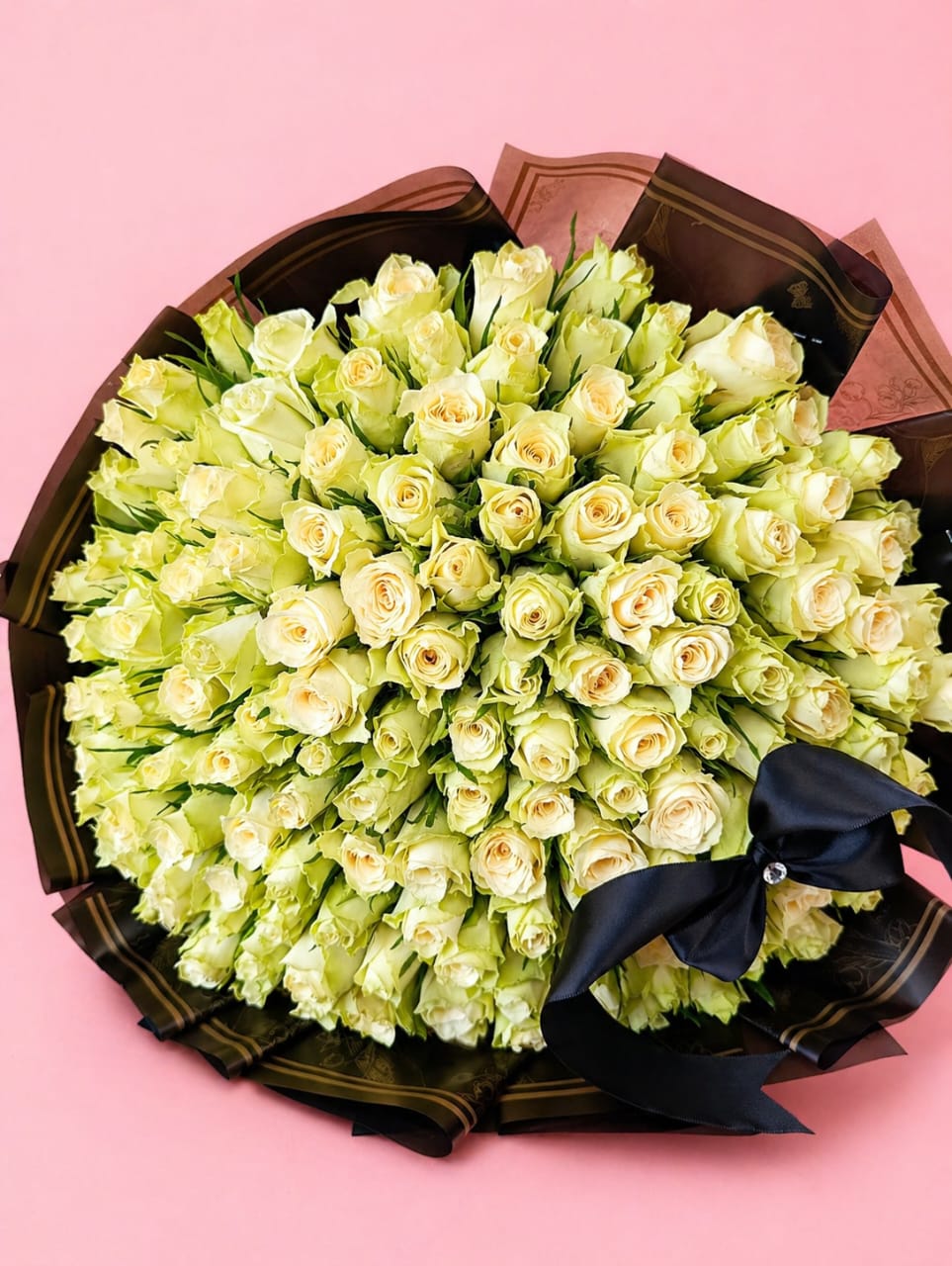 80-Stem Ivory White Roses Luxury Bouquet with Black Satin Ribbon