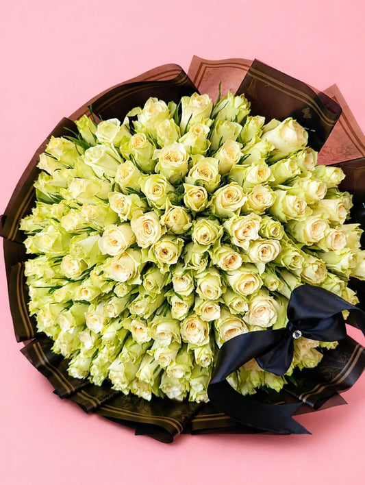 80-Stem Ivory White Roses Luxury Bouquet with Black Satin Ribbon