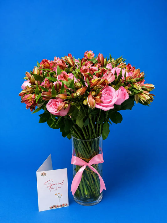 Pink Roses & Alstroemeria Luxury Vase Arrangement with Special For You Card