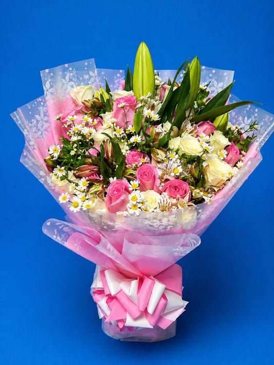 Garden Bliss Mixed Bouquet — Pink Roses, Lilies, Alstroemeria & Daisies in Floral Wrap