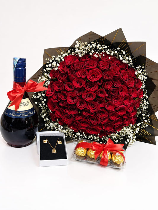 Ultimate Romance Gift Set — 100 Red Roses, Robertson Winery Red Wine, Gold Jewellery & Ferrero Rocher