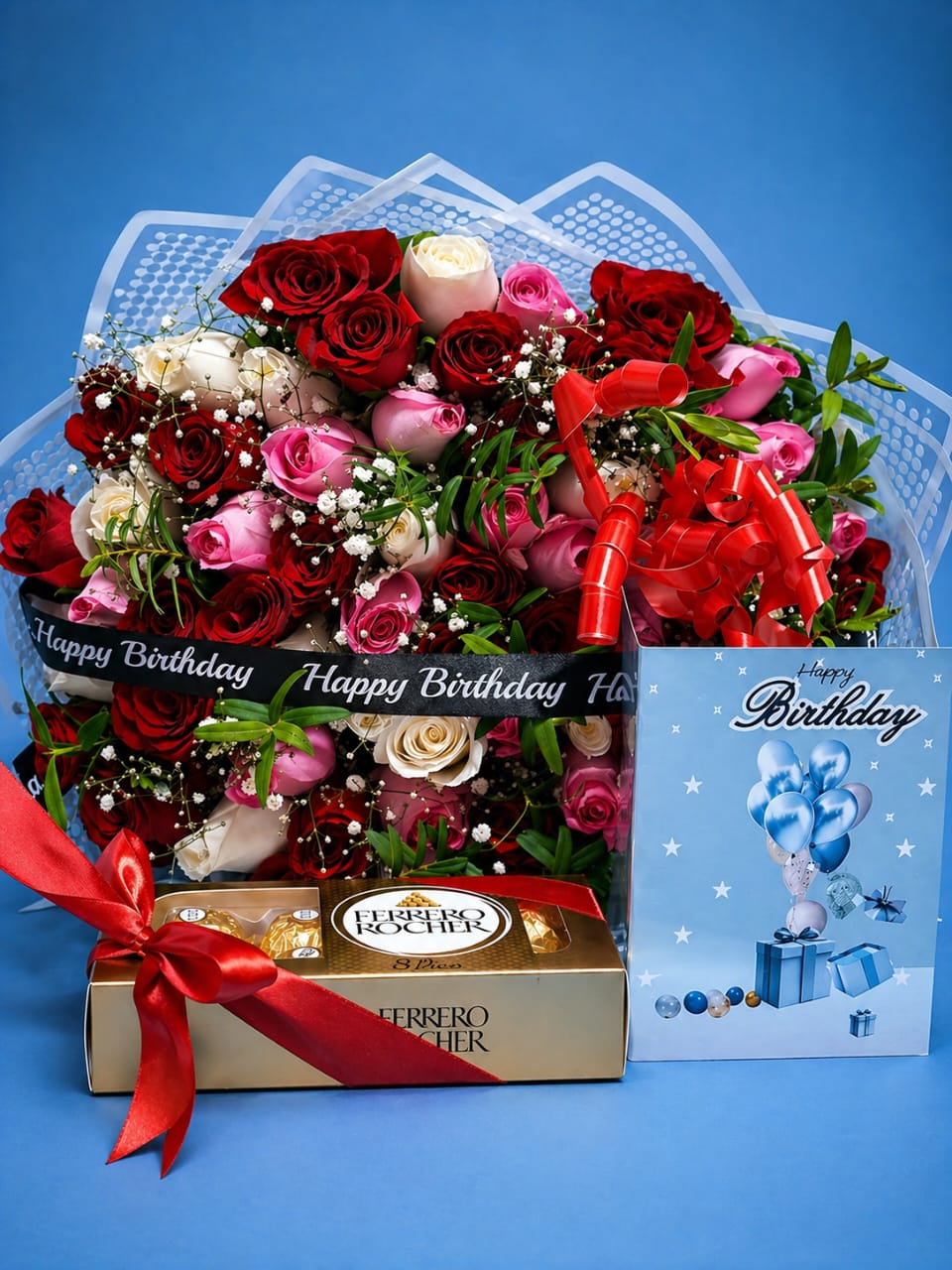 Happy Birthday Mixed Roses, Ferrero Rocher & Birthday Card Gift Set