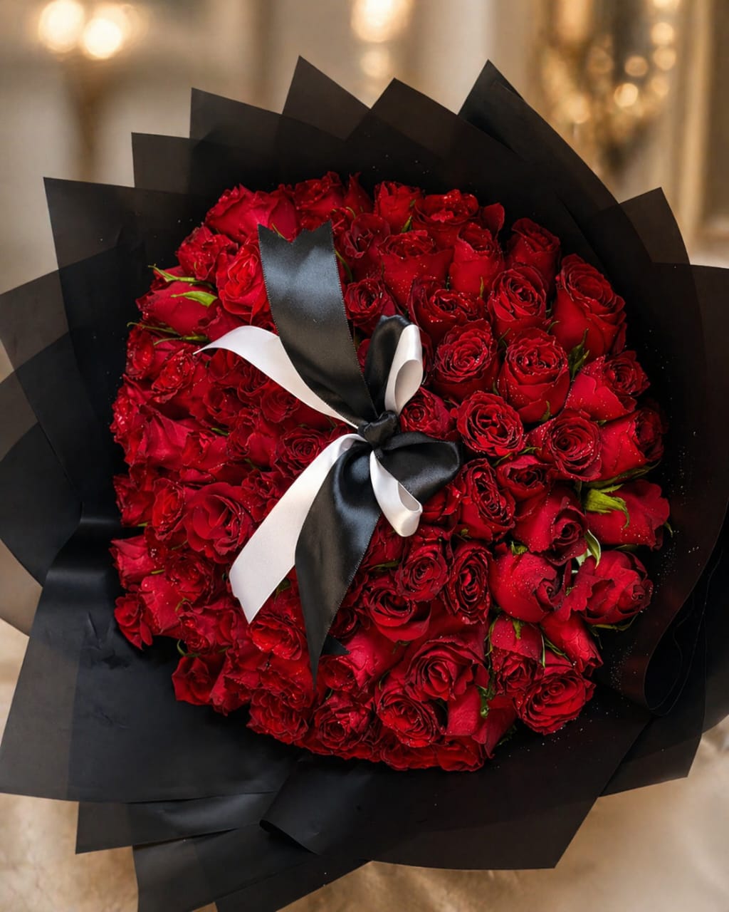 50 Red Roses Grand Bouquet in Black Wrap with Black & White Ribbon